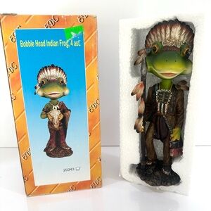 Vintage New Bobble Head Indian Native American Frog Decor Feathers Spear Resin